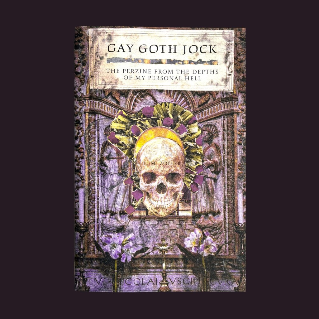 Cover of Gay Goth Jock: a risograph-printed cover in purple, green, and black. The cover is a collage of a skull with a crown of roses against a mausoleum. 